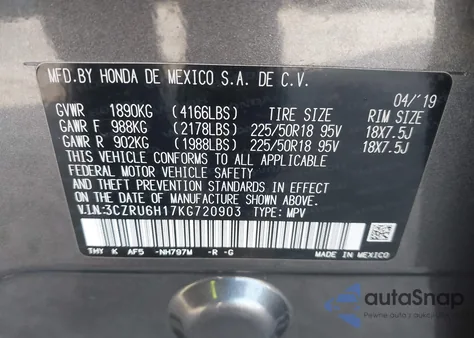 2019 Honda Hr-V Sport from USA, damaged, VIN 3CZRU6H17KG720903